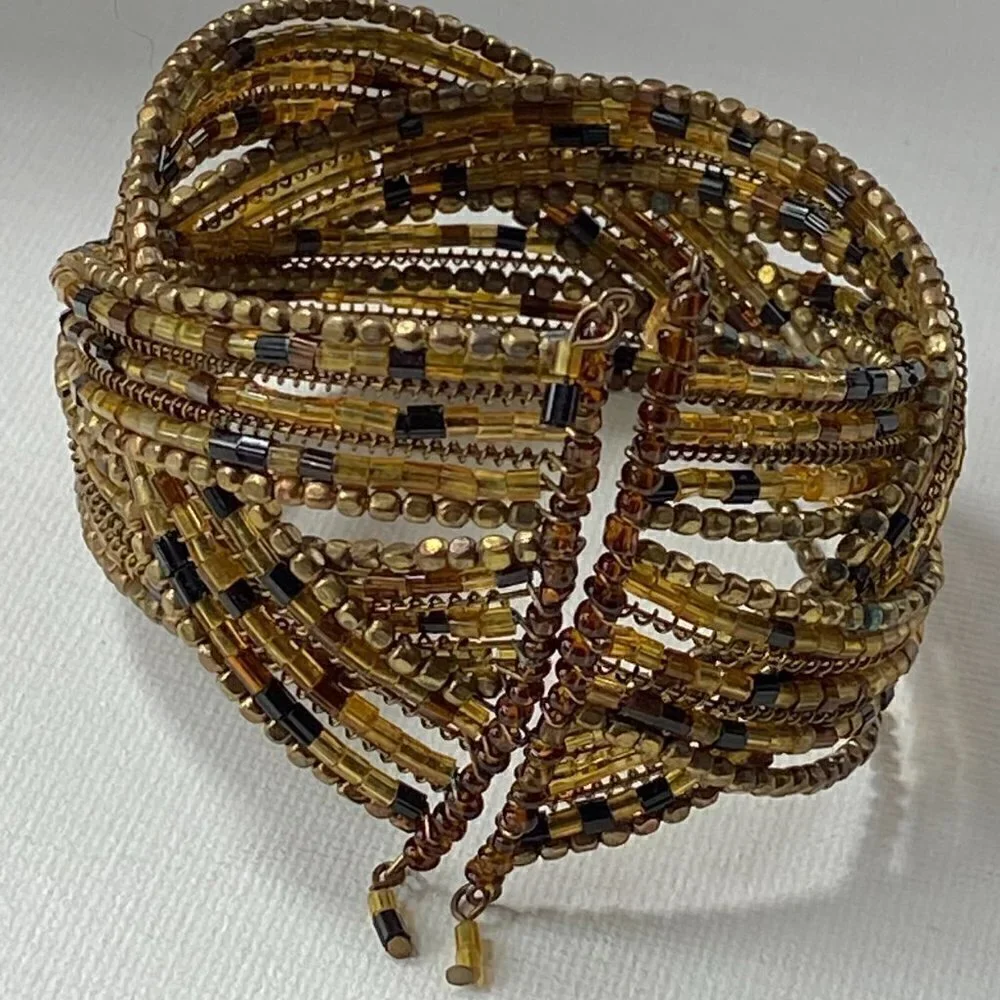 Gold beaded boho style cuff stretch bracelet